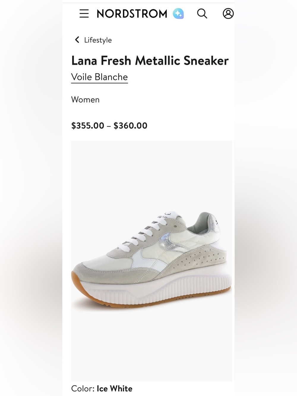 NWT VOILE BLANCHE Lana Fresh Metallic Sneaker in Ice-White - Picture 2 of 16